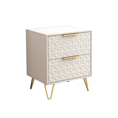 set of 2 nightstand with Light-Luxury Wall-Mounted Cabinet: 2 Drawers, Bottom support rail , Gold Legs & Handles, 3D Embossed, for Bedroom/Living Room/Office