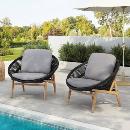 Cyril Outdoor Wicker Papasan Style Lounge Chair, Dark Grey Wicker with Grey Cushion, Set of 2
