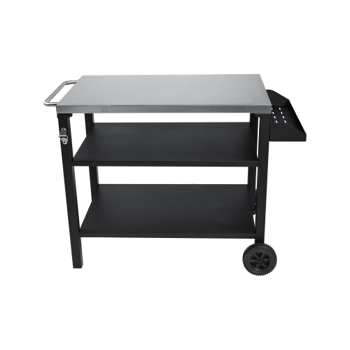3-Tier Outdoor Grill Cart with Stainless Steel Top & Side Shelf, Movable BBQ Prep Table with Wheels, Rolling Serving Bar Cart for Patio, Backyard, Pizza Oven Stand, Black
