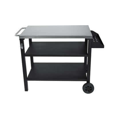 3-Tier Outdoor Grill Cart with Stainless Steel Top & Side Shelf, Movable BBQ Prep Table with Wheels, Rolling Serving Bar Cart for Patio, Backyard, Pizza Oven Stand, Black