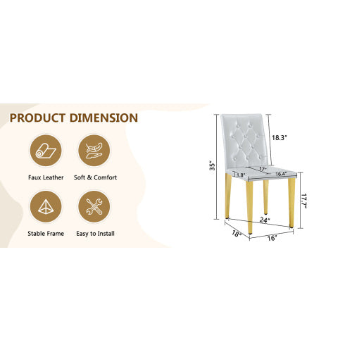 Set of 2 Light Grey PU Dining Chairs, Ergonomic Buckle Backrest, Gold Metal Legs, 35 inch  High