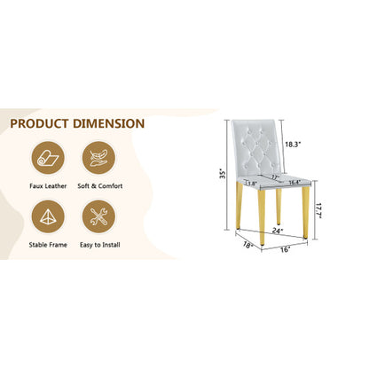 Set of 2 Light Grey PU Dining Chairs, Ergonomic Buckle Backrest, Gold Metal Legs, 35 inch  High