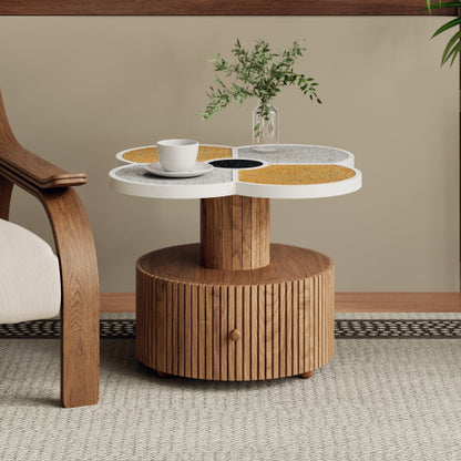 Four-Leaf Clover Side Table with Drawer, Stone Texture Top Wood-Grain Base Accent Table