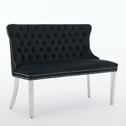 Velvet Double Dining Loveseat Bench, Kitchen & Dining Seating, 2-Seat Tufted Bench w/Handmade Buttons, Wing Back, Brushed Silver Stainless Steel Legs, Mid Century Modern,Single Pack,Black