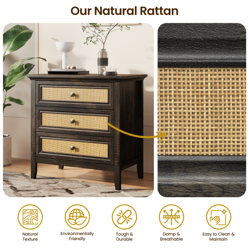 Dark Rustic Oak 3-Drawer Rattan Farmhouse Dresser Nightstand