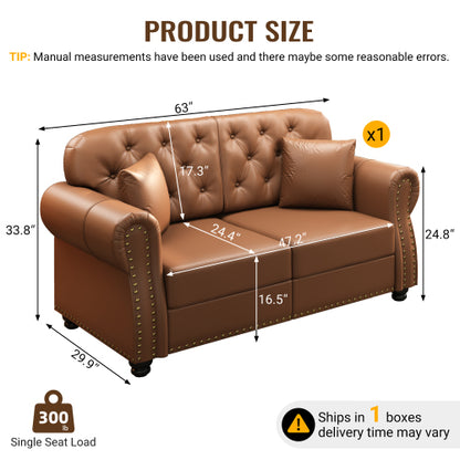 63 inch  Brown Mid-Century Faux-Leather Sofa,Nailhead Trim,Button Tufting,2 Pillows