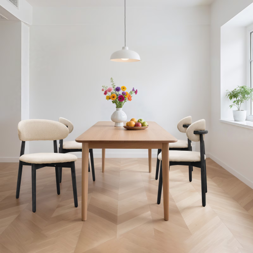 Set of 2 Beige Cotton-Linen Dining Chairs, Black Solid Oak Wood Legs 300lbs Capacity Armless Side Chairs