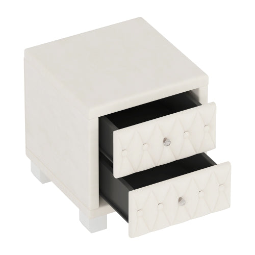 Elegant Velvet Nightstand with 2 Drawers and Crystal Handle, Storage Bedside Table with Button-Tufted, Beige