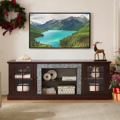 70 Inch Cherry Faux Stone 2-Door TV Media Console Adjustable Storage Shelves 6 Cable Holes Holds 75 Inch TV
