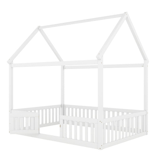 Full Size Wood House Bed with Fence and Door, White