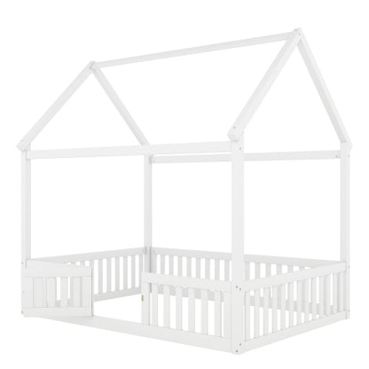 Full Size Wood House Bed with Fence and Door, White
