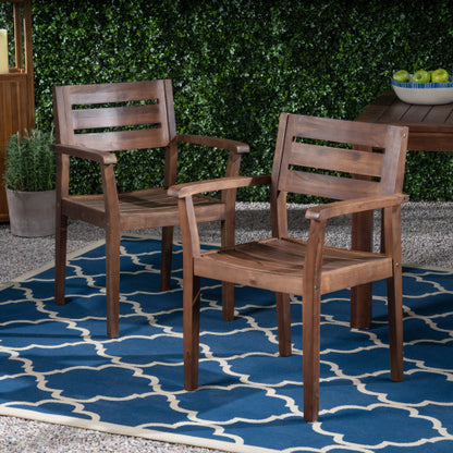 Set of 2 Dark Brown Acacia Wood Outdoor Patio Arm Dining Chairs, 350 LBS Weatherproof Garden Side Chairs