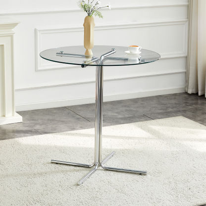 Round glass bar high table, 36 inch round bar table, tempered glass tabletop, sturdy silver chrome plated four column support, suitable for transparent round bar tables in small spaces, kitchens