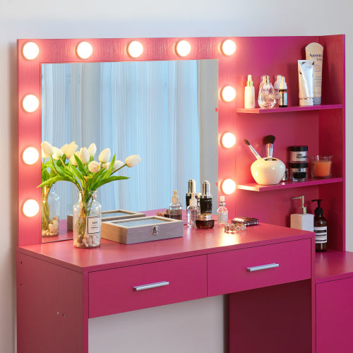 Rose Pink Vanity Desk with Mirror & Lights, 46.4IN Dressing Table, 2 Large Drawers & Vertical Organizer, 3 Lighting Modes