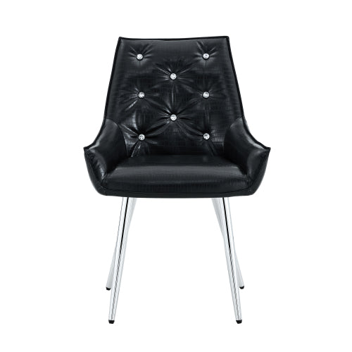 Set of 2 Black Crocodile Pattern PU Dining Chairs, Diamond Tuft Chrome Metal Leg Luxury Accent Chairs