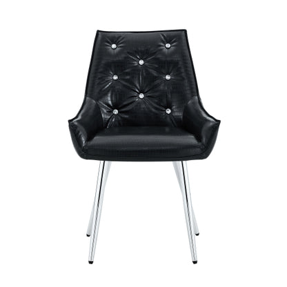 Set of 2 Black Crocodile Pattern PU Dining Chairs, Diamond Tuft Chrome Metal Leg Luxury Accent Chairs