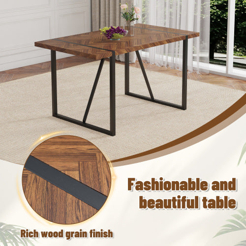 Retro Dining Table with Fishbone Textured Top & Black Metal Legs
