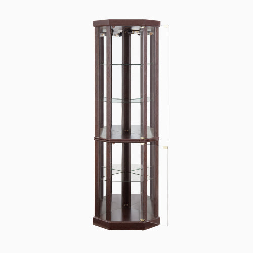 Dark Cherry Corner Lighted Glass Display Cabinet Adjustable Shelf Magnetic Closure Home Wine Collectibles Showcase