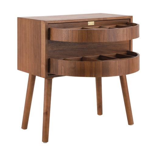 Rattan Nightstand with Hidden Storage Compartment, Mid Century Modern Bedside Table with Wood Legs, Walnut End Table