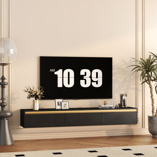 Black Wall Mount High Gloss Floating TV Cabinet with Touch LED Strip & Power Outlet