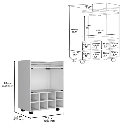 32 inch H white bar- coffee cart, Kitchen or living room cabinet storage with 4 wheels, with 8 bottle racks, a central shelf covered by 1 glass door, ideal for storing glasses and snacks