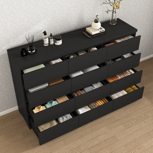 12 Drawers Double Dresser, Modern Wood Dresser Chest of Drawers with Large Storage Space for Bedroom, Black