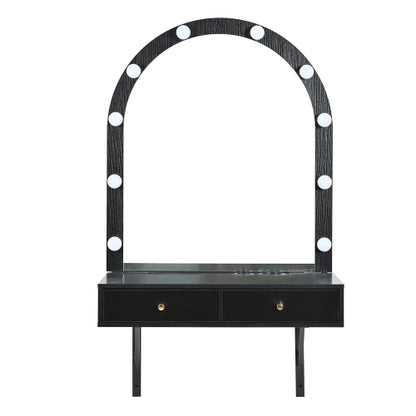 Black Floating Wall Mounted Vanity Desk with LED Mirror, 3 Color Lights, Power Outlet & USB, Large Storage