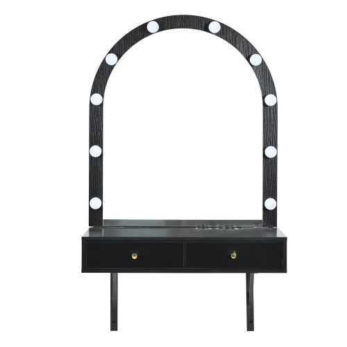 Black Floating Wall Mounted Vanity Desk with LED Mirror, 3 Color Lights, Power Outlet & USB, Large Storage