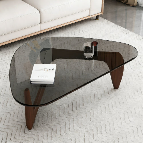 35.8 Inch Mid Century Glass Coffee Table, Walnut Base Modern Accent Table for Living Room Bedroom & Office