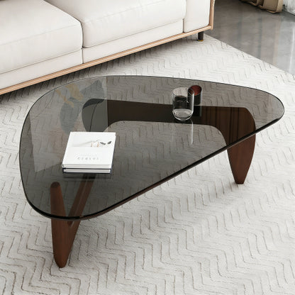 35.8 Inch Mid Century Glass Coffee Table, Walnut Base Modern Accent Table for Living Room Bedroom & Office