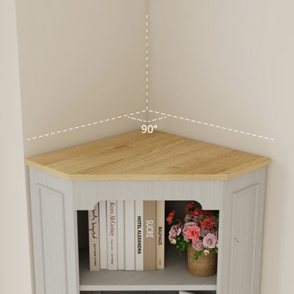 68" Tall Corner Cabinet, Freestanding Corner Storage Cabinet with 1 Door, 1 drawer and a Adjustable Shelf, Farmhouse Bar Storage Cabinet for Living Room, Dining room, Kitchen, Bathroom-Antique White