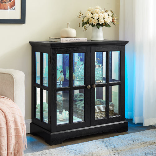 Black Retro 7-Color Bluetooth LED Lattice Glass Adjustable Display Cabinet