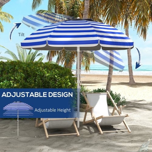 Outsunny 5.7' Portable Beach Umbrella with Tilt, Adjustable Height, 2 Cup Holders & Hooks, UV 40+ Ruffled Outdoor Umbrella with Vented Canopy, Blue White Stripe