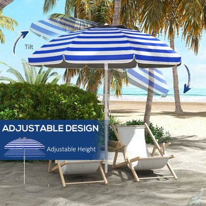 Outsunny 5.7' Portable Beach Umbrella with Tilt, Adjustable Height, 2 Cup Holders & Hooks, UV 40+ Ruffled Outdoor Umbrella with Vented Canopy, Blue White Stripe