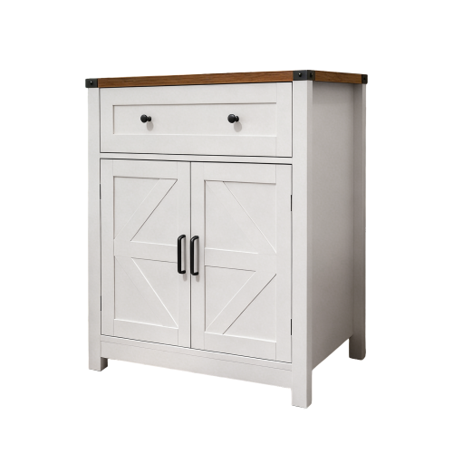 White & Wood-Grain Top Farmhouse Barn-Door Storage Cabinet, Coffee Bar Buffet Sideboard with Drawer for Kitchen & Living Room