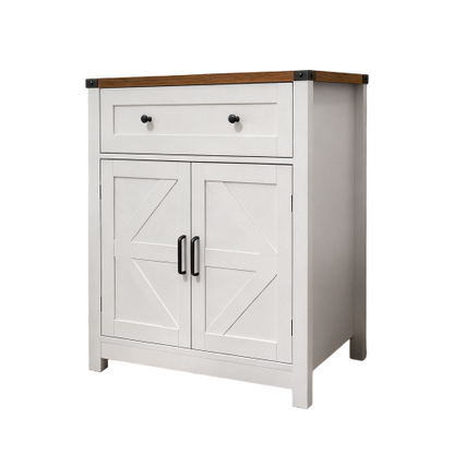 White & Wood-Grain Top Farmhouse Barn-Door Storage Cabinet, Coffee Bar Buffet Sideboard with Drawer for Kitchen & Living Room