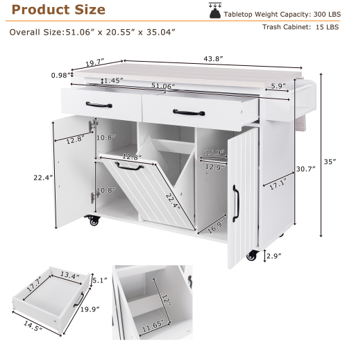 Kitchen Island Cart with Trash Storage Drop Leaf and Adjustable Shelves White