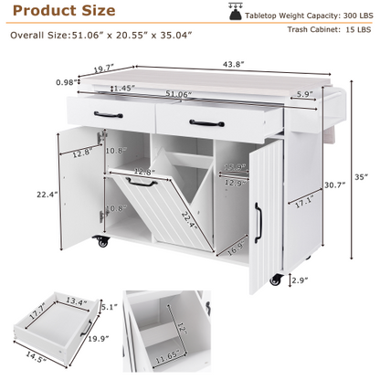 Kitchen Island Cart with Trash Storage Drop Leaf and Adjustable Shelves White