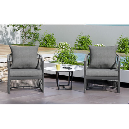 [Set of 2] Modern Gray Curved Aluminum Lounge Chair with Stylish Rope-Weave Design and Cushioned Comfort, Perfect for Outdoor Living
