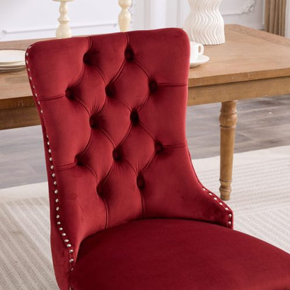 Set of 2 Burgundy Velvet Dining Chairs, Solid Wood Tufted Chairs with Triple Elastic Cushion
