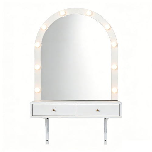 White Floating Wall Mounted Vanity Desk with LED Mirror, 3 Color Lights, Power Outlet & USB, Large Storage