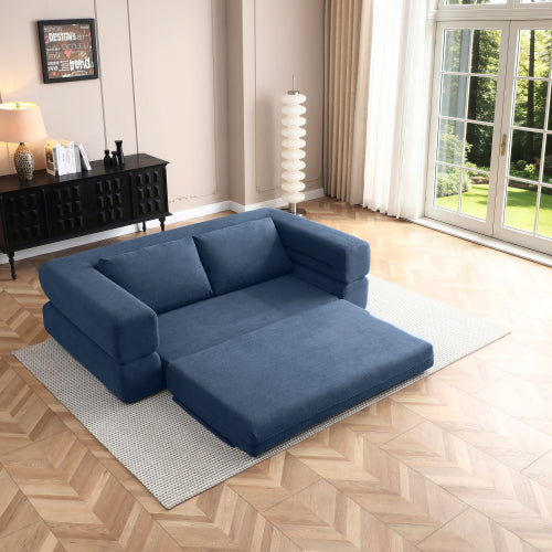 81 inch  Blue Corduroy 3-in-1 Boneless Convertible Floor Sofa-Bed with Pillows