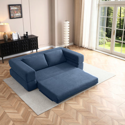 81 inch  Blue Corduroy 3-in-1 Boneless Convertible Floor Sofa-Bed with Pillows