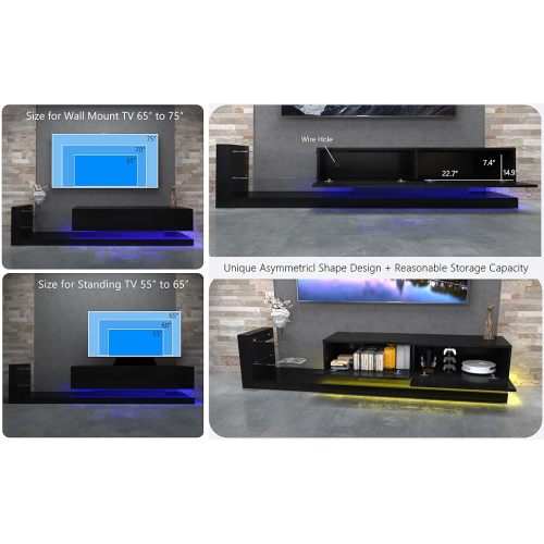 70 Inch Black Modern LED TV Stand Built-In Power Strip Tempered Glass Media Console for 75 Inch TV