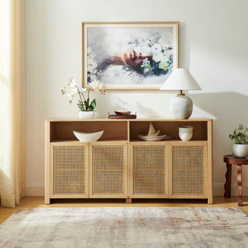 63 Inch Mid-Century Rattan Adjustable Storage Sideboard Buffet Cabinet