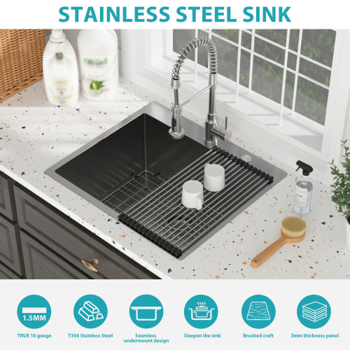 Laundry Sink Drop In - 25" x 22" x 12" Laundry Utility Sink 16 Gauge Stainless Steel Drop In Topmount Gunmetal Black 12 Inch Deep Single Bowl Above Counter Utility Laundry Room Sink Basin
