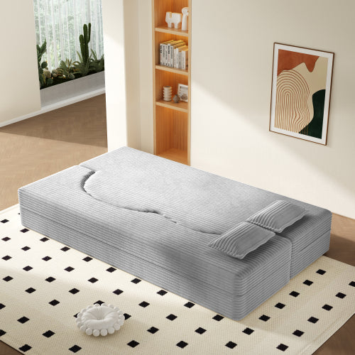 Light-Grey Twin-Size Corduroy Convertible Floor Sofa-Bed,2 Pillows