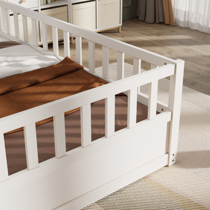Twin Size Floor bed, integral construction with super high security barrier, door, children's floor bed frame, Montessori wooden children's floor bed, white