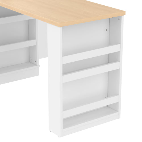 Extendable island console with drawers, double-door cabinet, and open shelving. Serves as dining table, temporary breakfast bar, and afternoon tea lounge,White