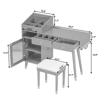 Black Space Saving Vanity Desk Set with Stool, Built?in Charging Station, Drawers & Tempered Glass Cabinet